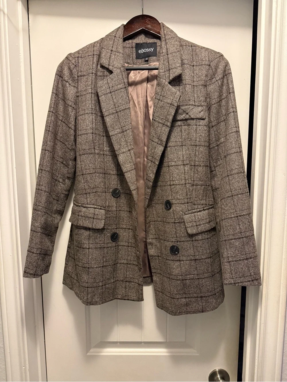 Ebossy Brown Plaid Double-Breasted Blazer